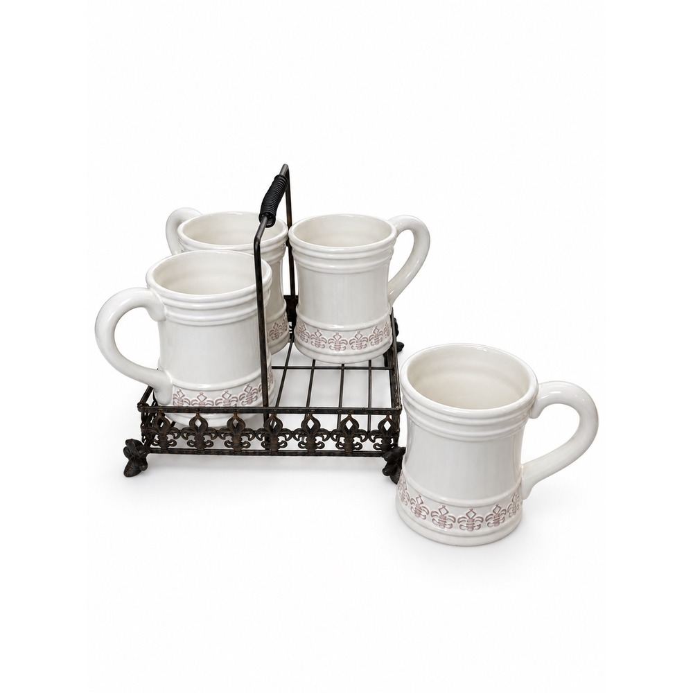 Home Essentials Fleur De Lis Mug Set with Metal Caddy Vintage Cream 5 Piece